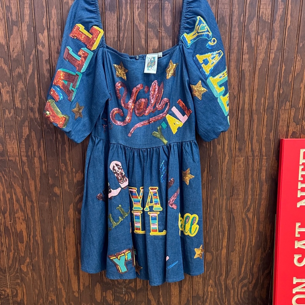 QUEEN OF SPARKLES Denim Dress with Multicolor Embroidery